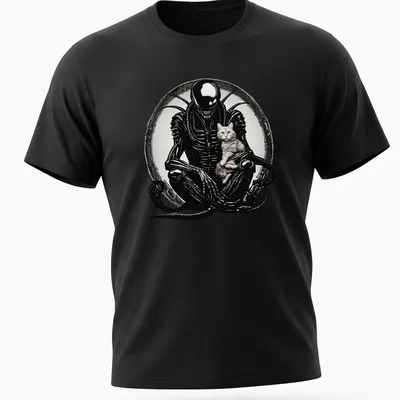 Silhouette of an alien creature with cat features in black, gray, white, and pink