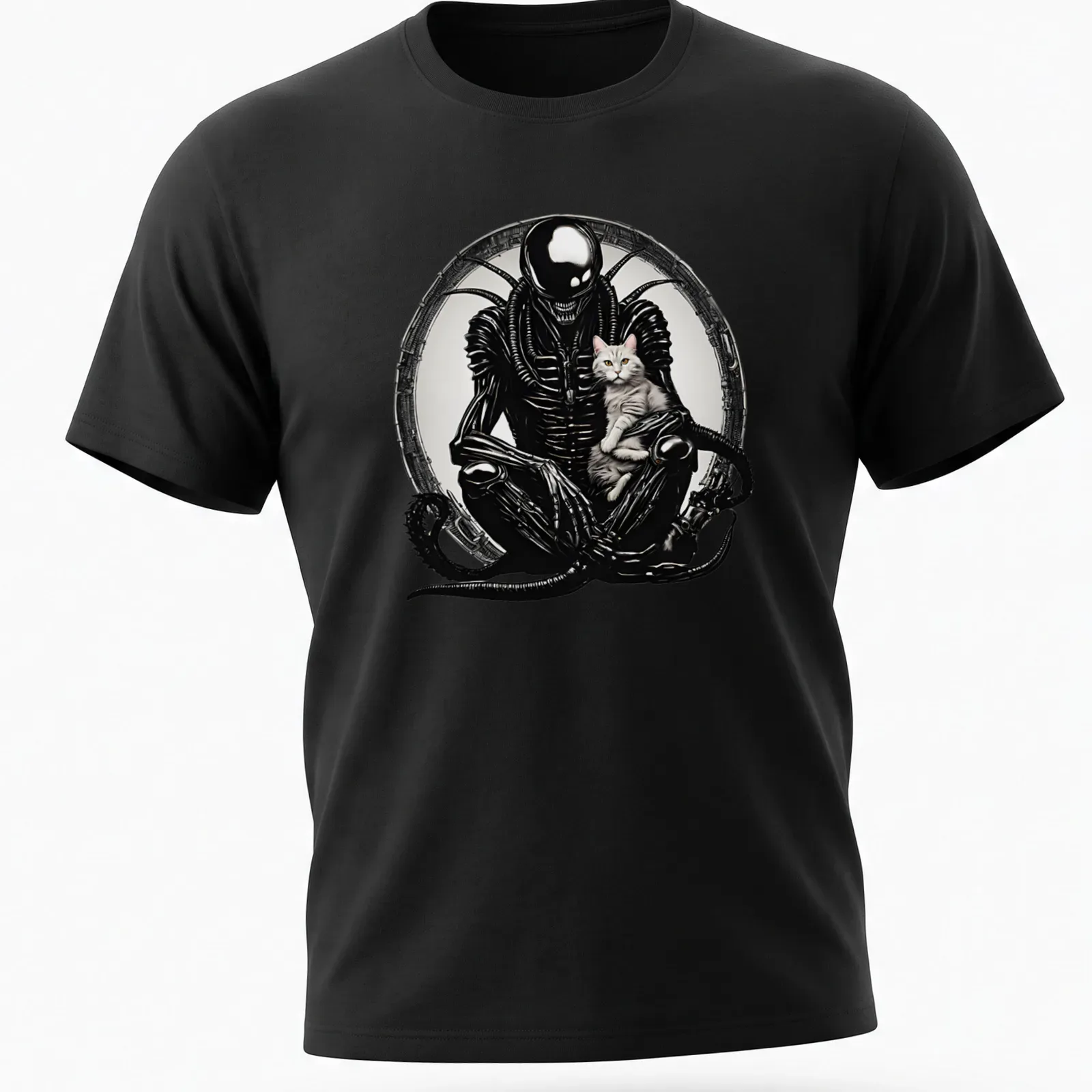 Silhouette of an alien creature with cat features in black, gray, white, and pink — printed on a unisex t-shirt