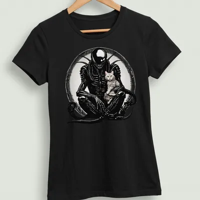Silhouette of an alien creature with cat features in black, gray, white, and pink — printed on a women's shirt