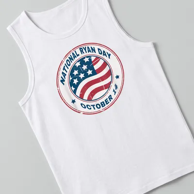 Distressed vintage t-shirt featuring the text 'National Ryan Day October 14' over an American flag. — printed on a tank top