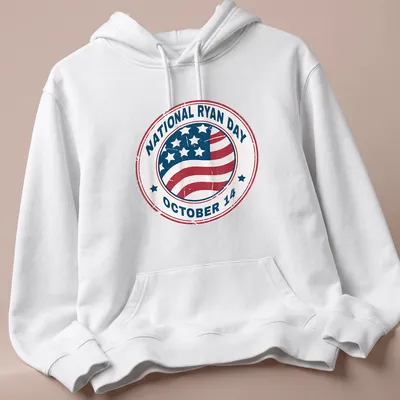 Distressed vintage t-shirt featuring the text 'National Ryan Day October 14' over an American flag. — printed on a unisex hoodie