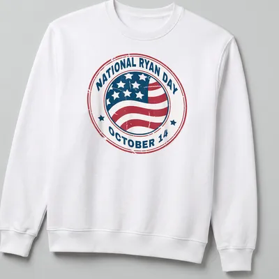Distressed vintage t-shirt featuring the text 'National Ryan Day October 14' over an American flag. — printed on a unisex sweatshirt