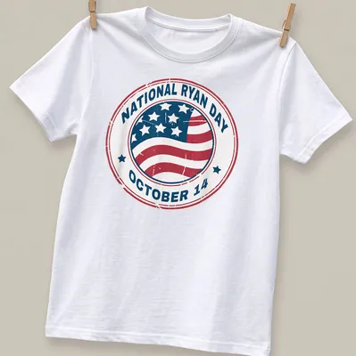 Distressed vintage t-shirt featuring the text 'National Ryan Day October 14' over an American flag.