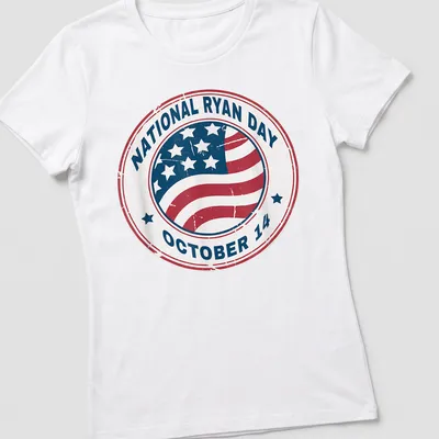 Distressed vintage t-shirt featuring the text 'National Ryan Day October 14' over an American flag. — printed on a women's shirt