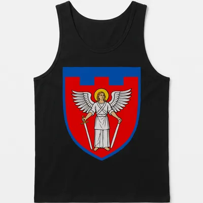 Bold illustration of an angel holding swords in red, blue, white, and yellow — printed on a tank top