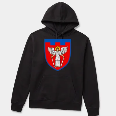 Bold illustration of an angel holding swords in red, blue, white, and yellow — printed on a unisex hoodie