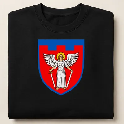 Bold illustration of an angel holding swords in red, blue, white, and yellow — printed on a unisex sweatshirt