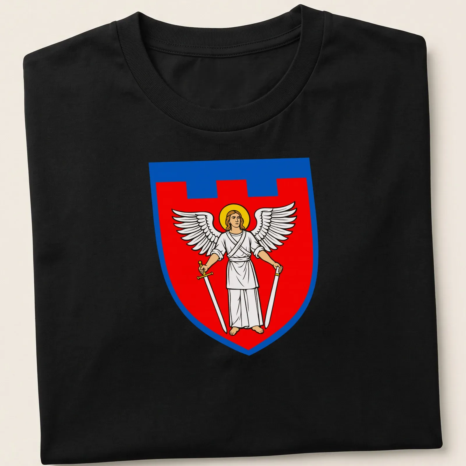 Bold illustration of an angel holding swords in red, blue, white, and yellow — printed on a unisex t-shirt