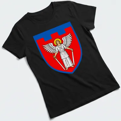 Bold illustration of an angel holding swords in red, blue, white, and yellow — printed on a women's shirt