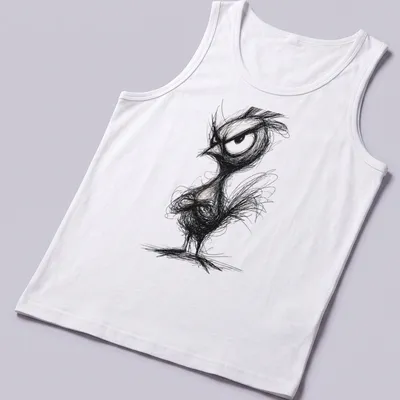 Sketchy line-art of an angry chicken in black and white — printed on a tank top