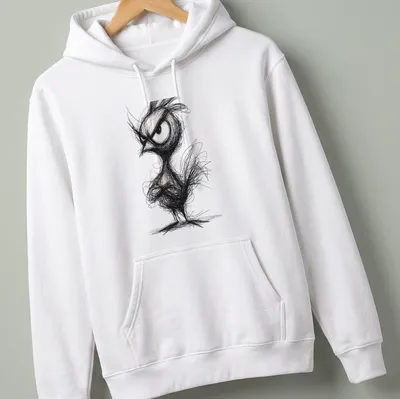 Sketchy line-art of an angry chicken in black and white — printed on a unisex hoodie