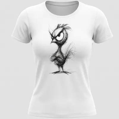 Sketchy line-art of an angry chicken in black and white — printed on a women's shirt