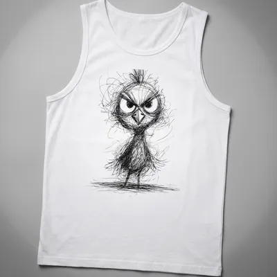 Sketch style illustration of an angry chicken in black and white — printed on a tank top