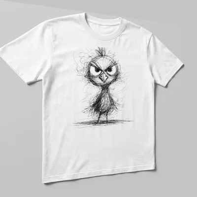 Sketch style illustration of an angry chicken in black and white — printed on a unisex t-shirt (angled view)