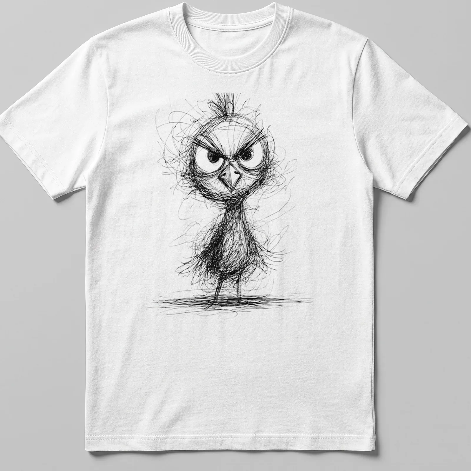 Sketch style illustration of an angry chicken in black and white — printed on a unisex t-shirt