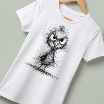 Sketch style illustration of an angry chicken in black and white — printed on a women's shirt