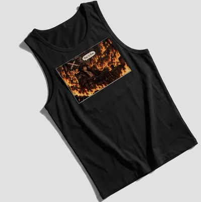 Anime pirate captain in flames with the text 'This is fine.' — printed on a tank top