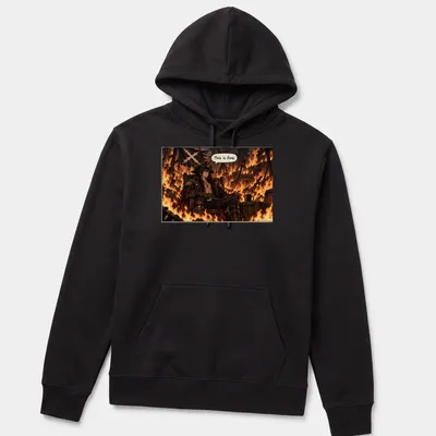 Anime pirate captain in flames with the text 'This is fine.' — printed on a unisex hoodie