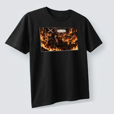 Anime pirate captain in flames with the text 'This is fine.' — printed on a unisex t-shirt (angled view)