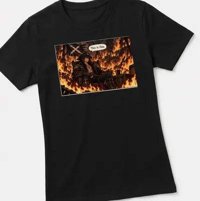 Anime pirate captain in flames with the text 'This is fine.' — printed on a women's shirt