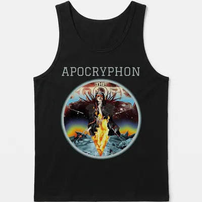 Dark sorceress illustration with vibrant colors and text above — printed on a tank top