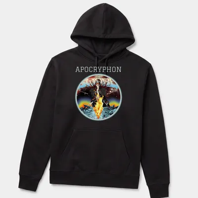 Dark sorceress illustration with vibrant colors and text above — printed on a unisex hoodie