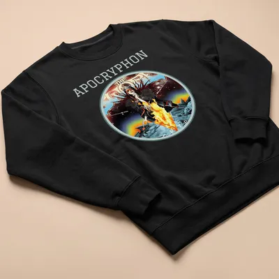 Dark sorceress illustration with vibrant colors and text above — printed on a unisex sweatshirt