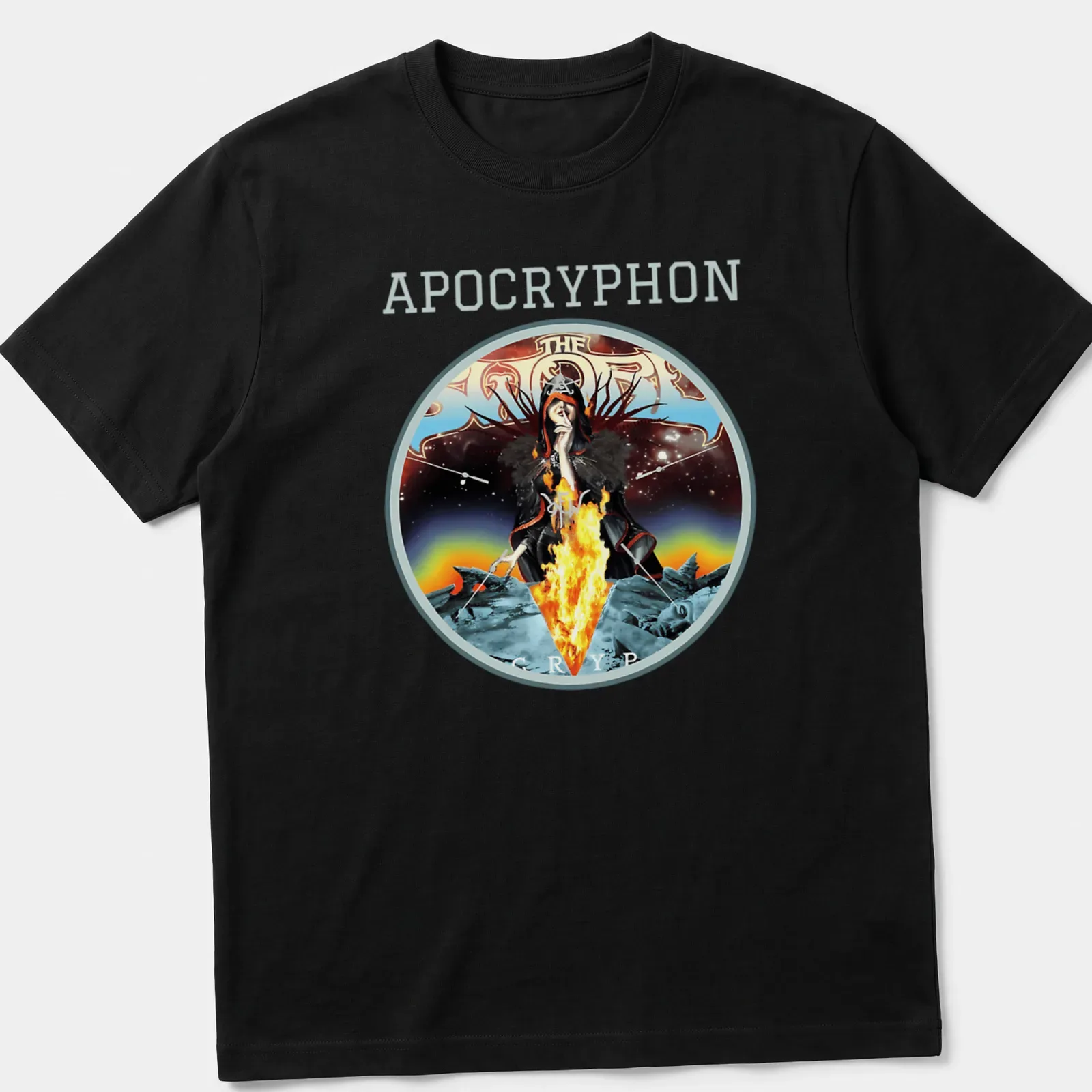 Dark sorceress illustration with vibrant colors and text above — printed on a unisex t-shirt