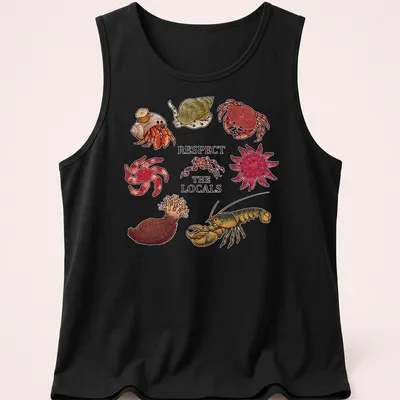 Illustrative t-shirt featuring Atlantic Canada invertebrates with colorful text above — printed on a tank top