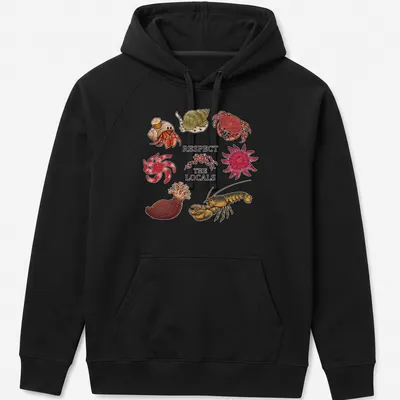 Illustrative t-shirt featuring Atlantic Canada invertebrates with colorful text above — printed on a unisex hoodie