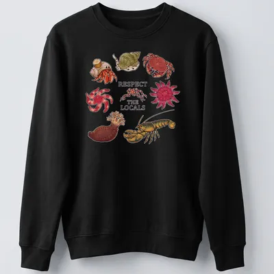 Illustrative t-shirt featuring Atlantic Canada invertebrates with colorful text above — printed on a unisex sweatshirt