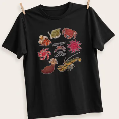 Illustrative t-shirt featuring Atlantic Canada invertebrates with colorful text above