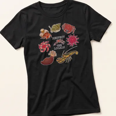 Illustrative t-shirt featuring Atlantic Canada invertebrates with colorful text above — printed on a women's shirt