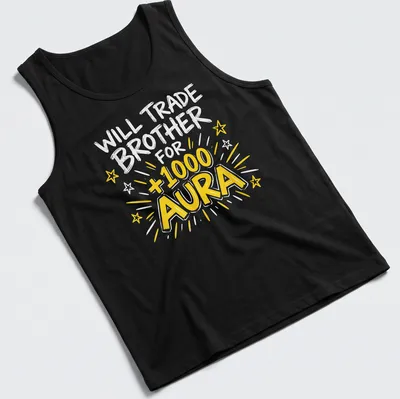 Playful comic style shirt featuring the text about trading a brother for aura points — printed on a tank top
