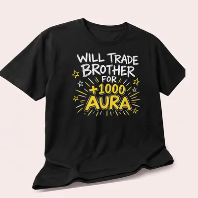 Playful comic style shirt featuring the text about trading a brother for aura points — printed on a unisex t-shirt (angled view)