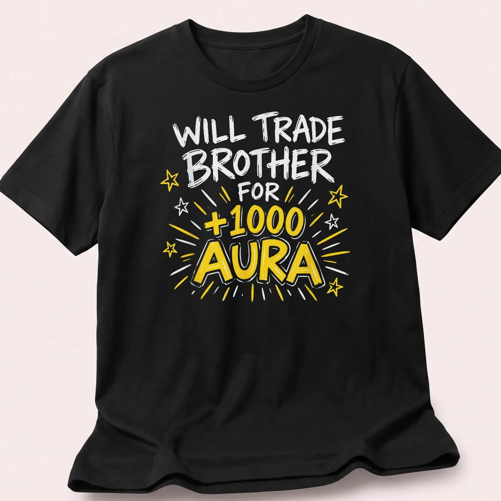Playful comic style shirt featuring the text about trading a brother for aura points — printed on a unisex t-shirt