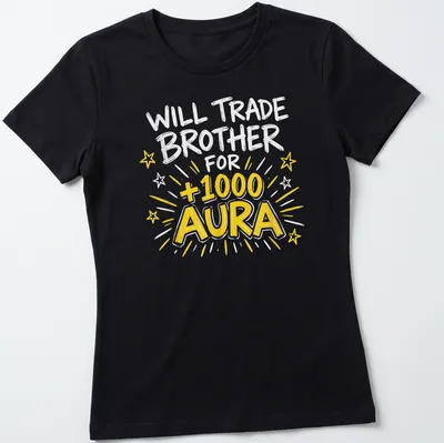 Playful comic style shirt featuring the text about trading a brother for aura points — printed on a women's shirt