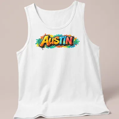 Bold graffiti typography T-shirt featuring the word 'Austin' in vibrant colors — printed on a tank top