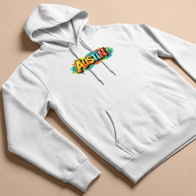 Bold graffiti typography T-shirt featuring the word 'Austin' in vibrant colors — printed on a unisex hoodie
