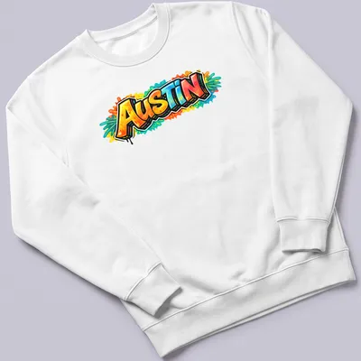 Bold graffiti typography T-shirt featuring the word 'Austin' in vibrant colors — printed on a unisex sweatshirt