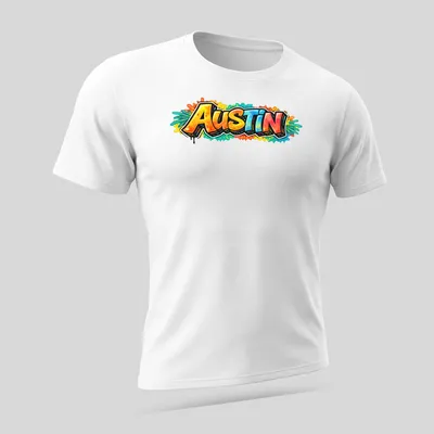 Bold graffiti typography T-shirt featuring the word 'Austin' in vibrant colors — printed on a unisex t-shirt (angled view)