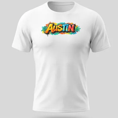 Bold graffiti typography T-shirt featuring the word 'Austin' in vibrant colors