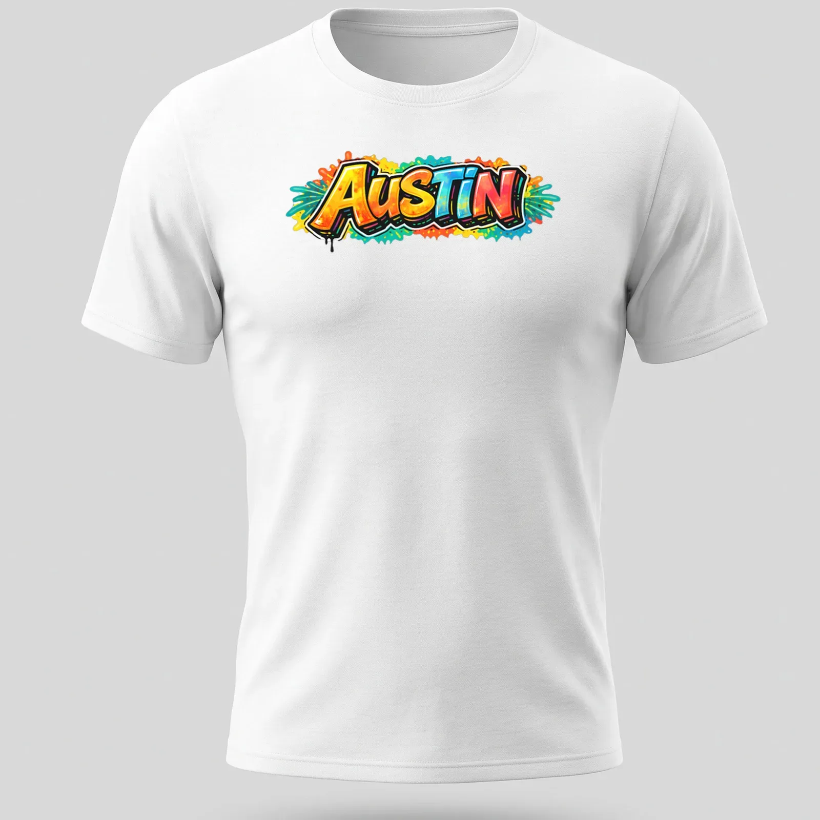 Bold graffiti typography T-shirt featuring the word 'Austin' in vibrant colors — printed on a unisex t-shirt