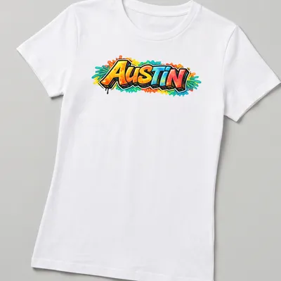 Bold graffiti typography T-shirt featuring the word 'Austin' in vibrant colors — printed on a women's shirt