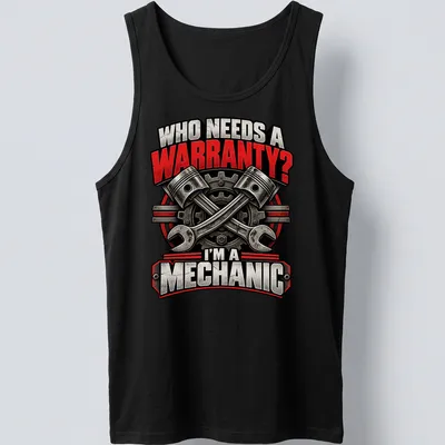 Bold vintage print of tools with text: 'WHO NEEDS A WARRANTY? I'M A MECHANIC' — printed on a tank top