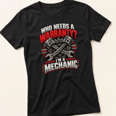 Bold vintage print of tools with text: 'WHO NEEDS A WARRANTY? I'M A MECHANIC' — printed on a women's shirt
