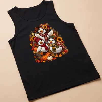 Colorful cartoon of three ducks with the text 'Cozy Fall Friends' above them — printed on a tank top