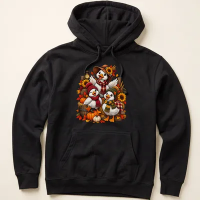 Colorful cartoon of three ducks with the text 'Cozy Fall Friends' above them — printed on a unisex hoodie