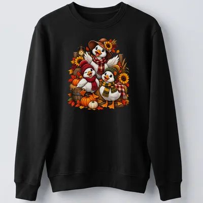 Colorful cartoon of three ducks with the text 'Cozy Fall Friends' above them — printed on a unisex sweatshirt
