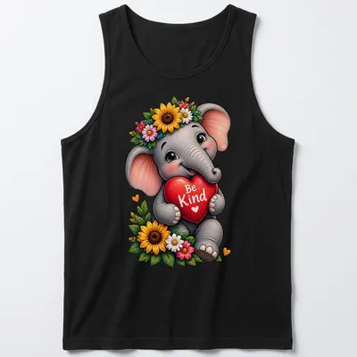 Kawaii style print of a baby elephant holding a heart with the text Be Kind — printed on a tank top